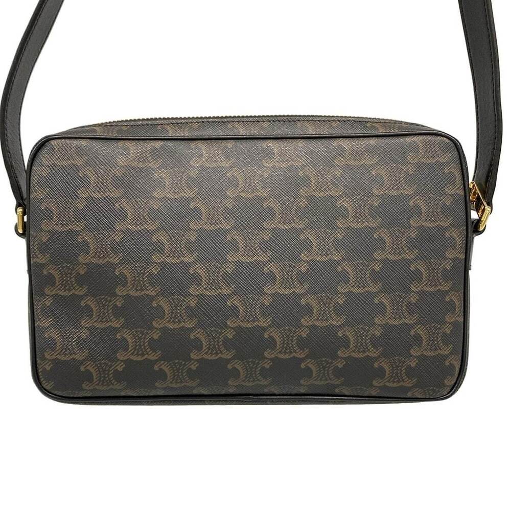 CELINE Triomphe Canvas Shoulder Bag Logo Black Brown Leather - Picture 3 of 7